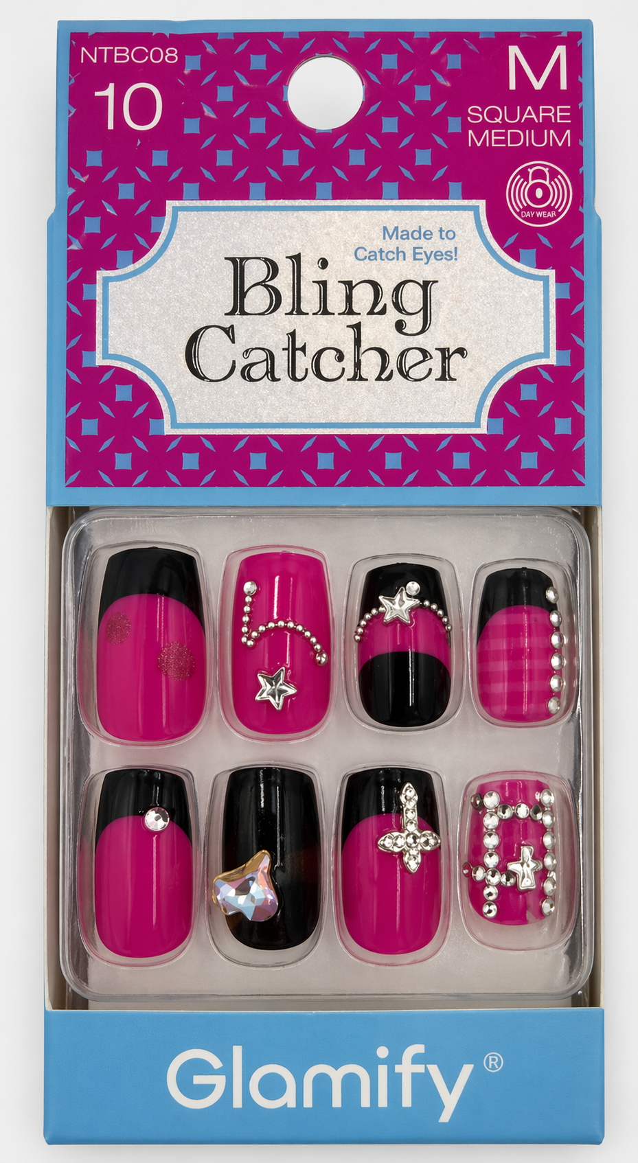 Glamify Bling Catcher Press On Nails Square Medium Pink Black Crystal Accent NTBC08 - Elevate Styles
