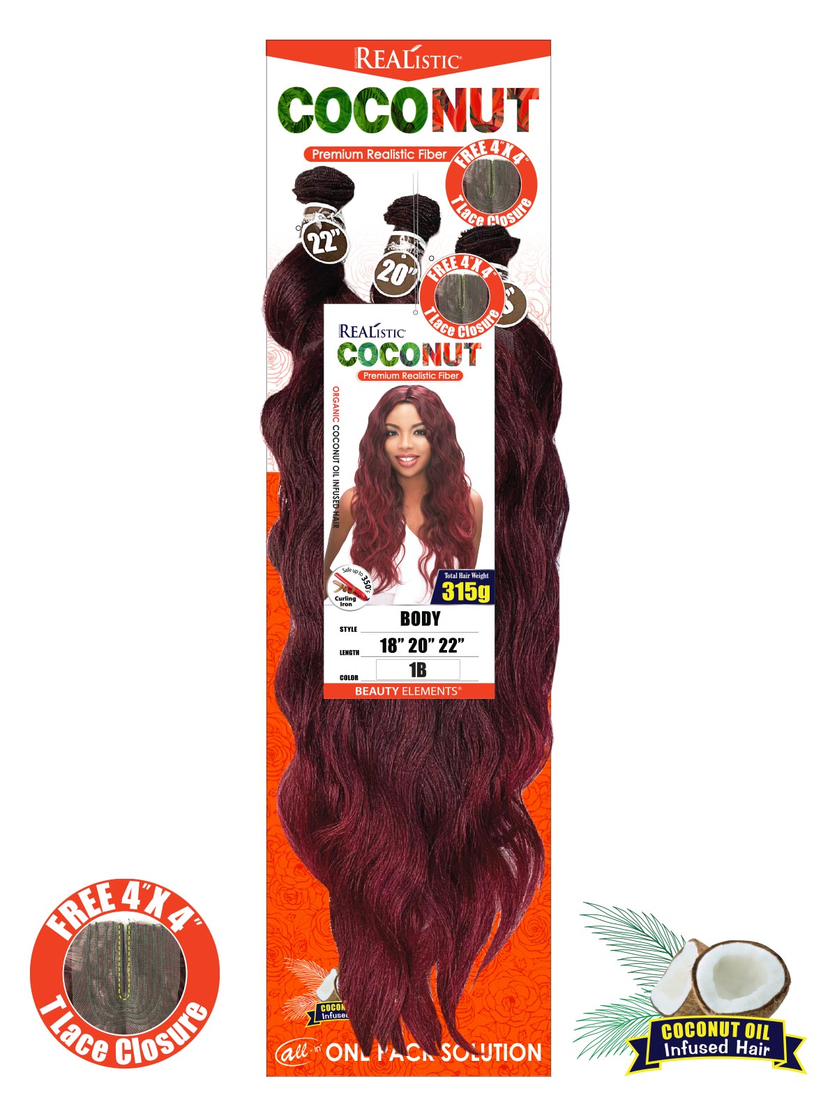 Realistic Coconut Body 18" 20" 22" with 4x4 Closure 1B - Elevate Styles