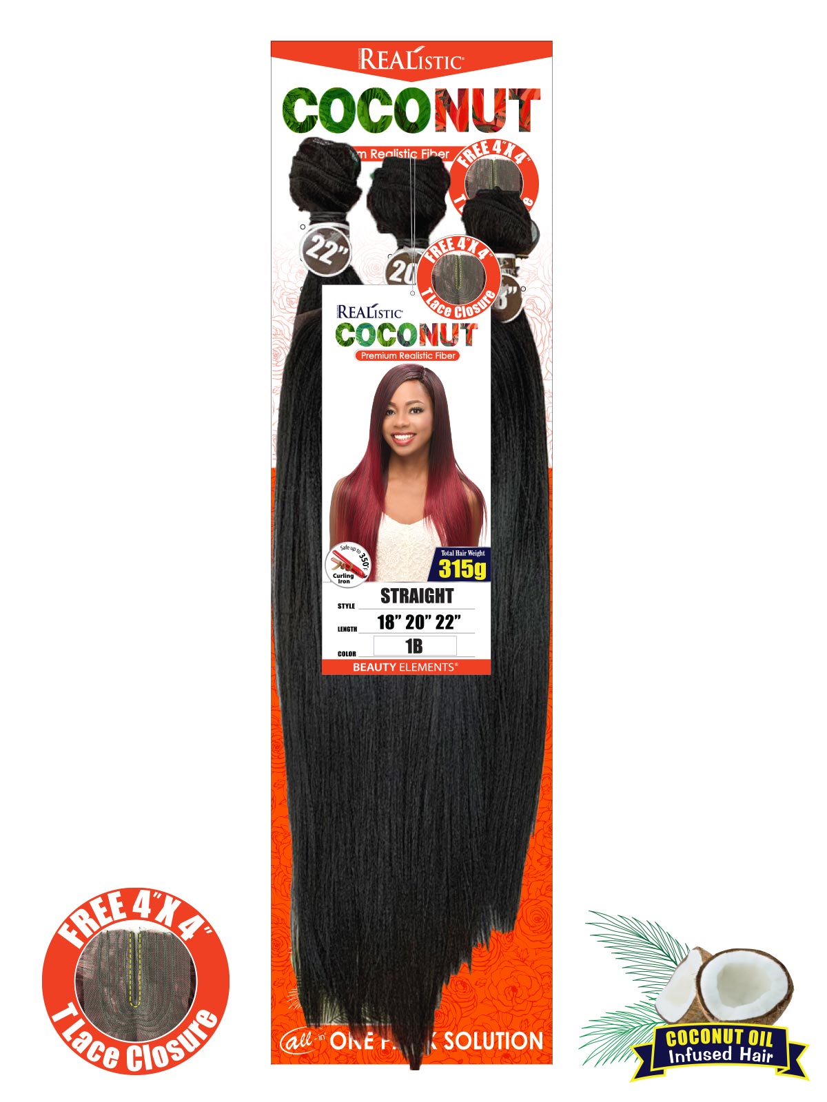 Realistic Coconut Straight 18" 20" 22" with 4x4 Closure - Elevate Styles
