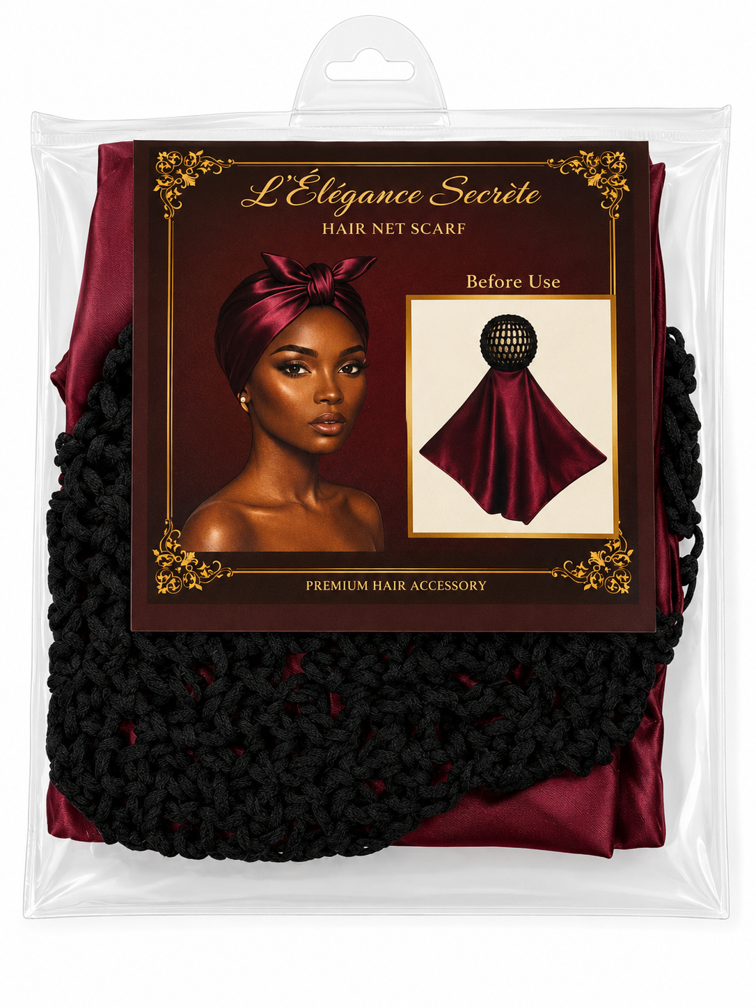 L'Élégance Secrète Satin Hair Net Scarf Wrap Cap – Burgundy & Black – Built-In Stretch Hair Net HN002