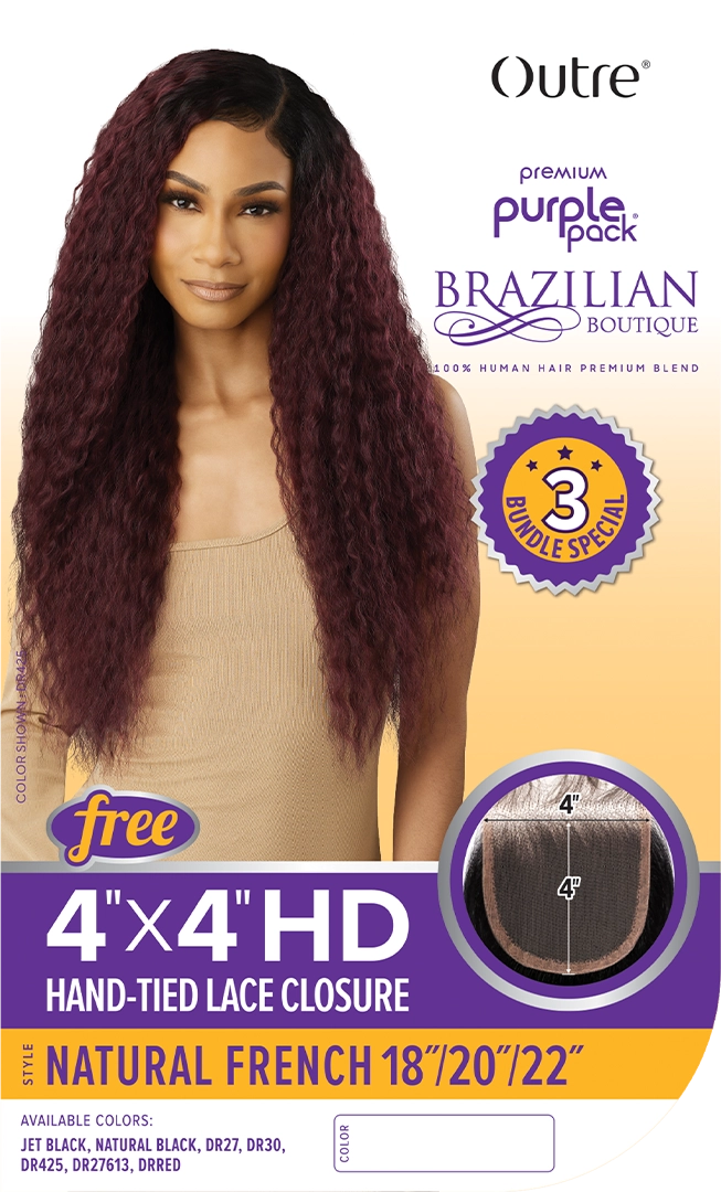 Outre Purple Pack Brazilian Boutique Natural French 18" 20" 22" + 4" Lace Parting Piece - Elevate Styles