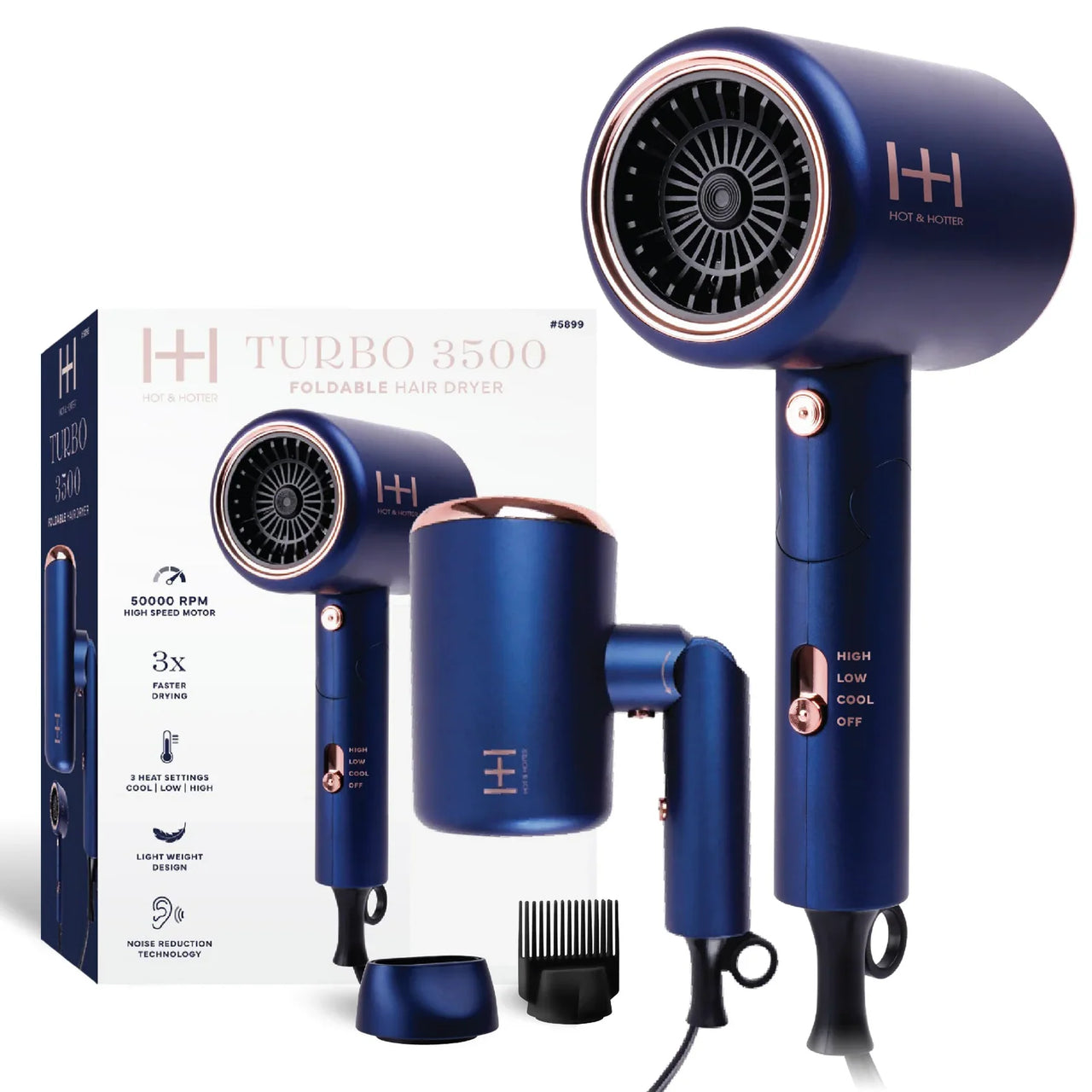 Hot & Hotter Turbo 3500 Foldable Professional Hair Dryer – Royal Blue & Rose Gold (#5899) - Elevate Styles