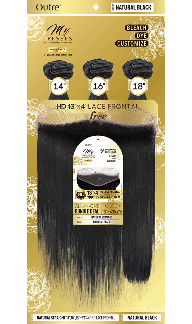 Outre MyTresses 100% Unprocessed Gold Label Natural Straight 3 Bundle Set  + 13 x 4 HD Closure - Elevate Styles