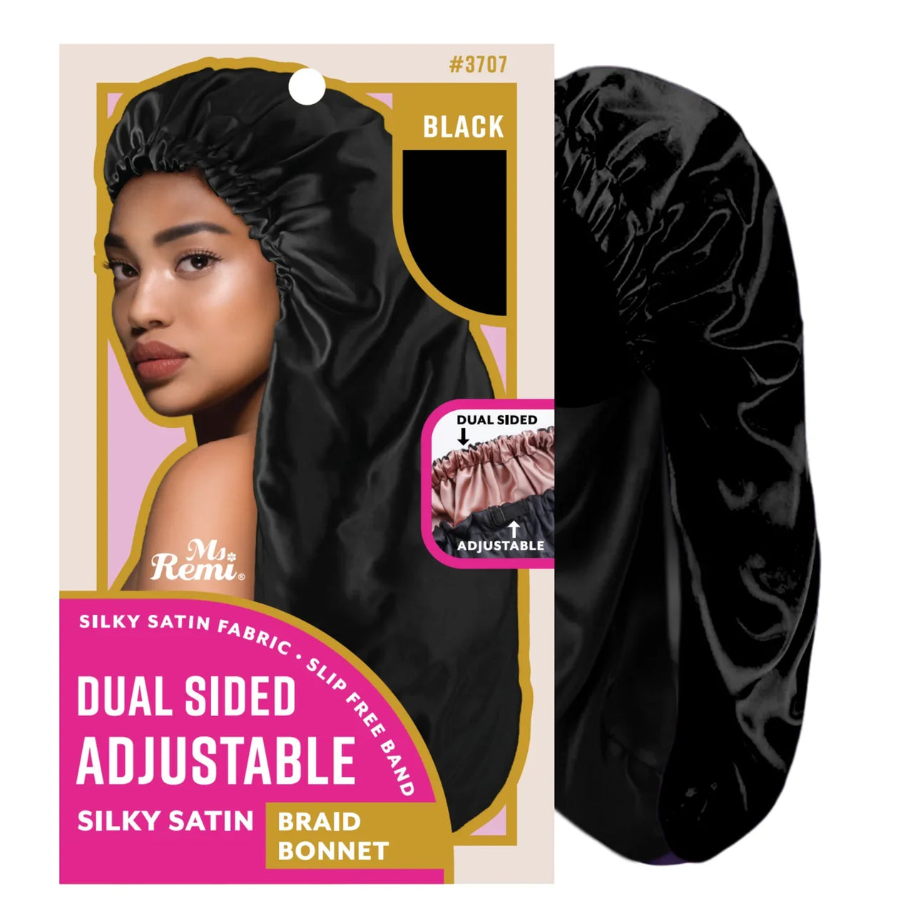 Ms. Remi Dual Sided Adjustable Silky Satin Braid Bonnet Black #3707 - Elevate Styles