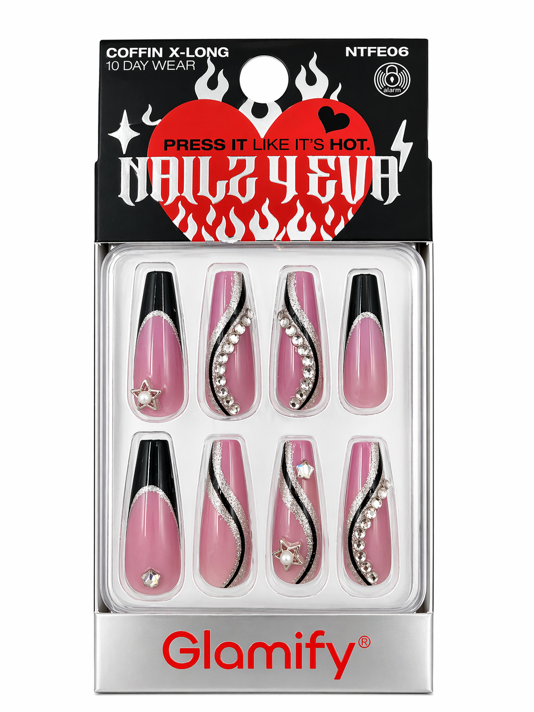 Glamify Press It Like It’s Hot Press On Nails Coffin X Long Black Tip Rhinestone Design NTFE06 - Elevate Styles