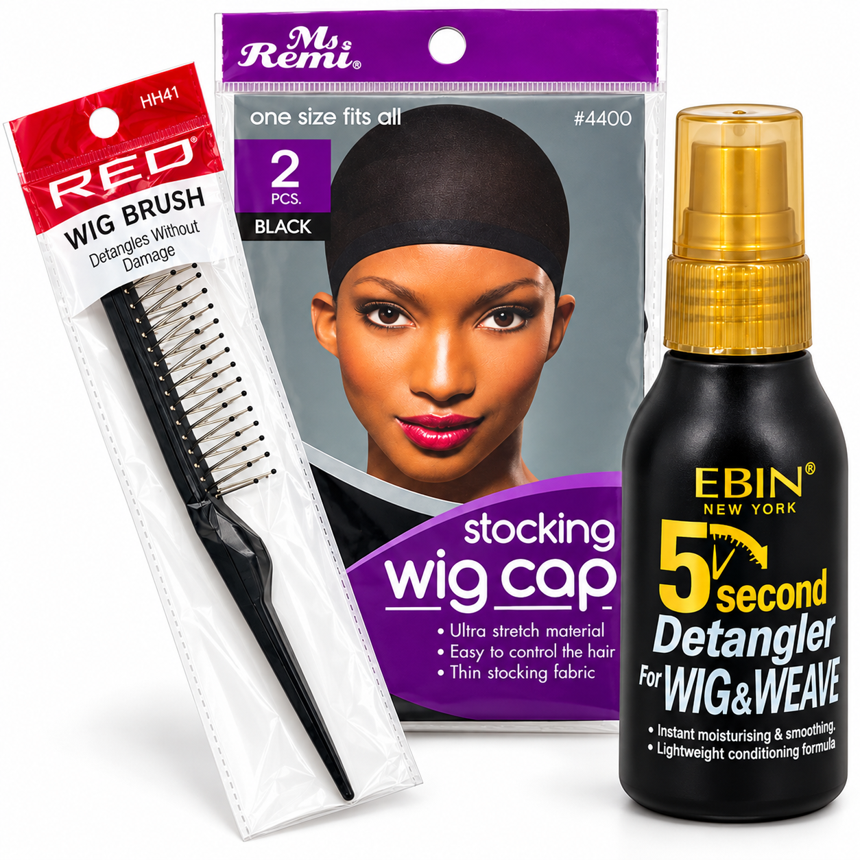 Wig Care Essentials Kit – Wig Brush, 2-Pack Stocking Wig Caps & 5 Second Detangler