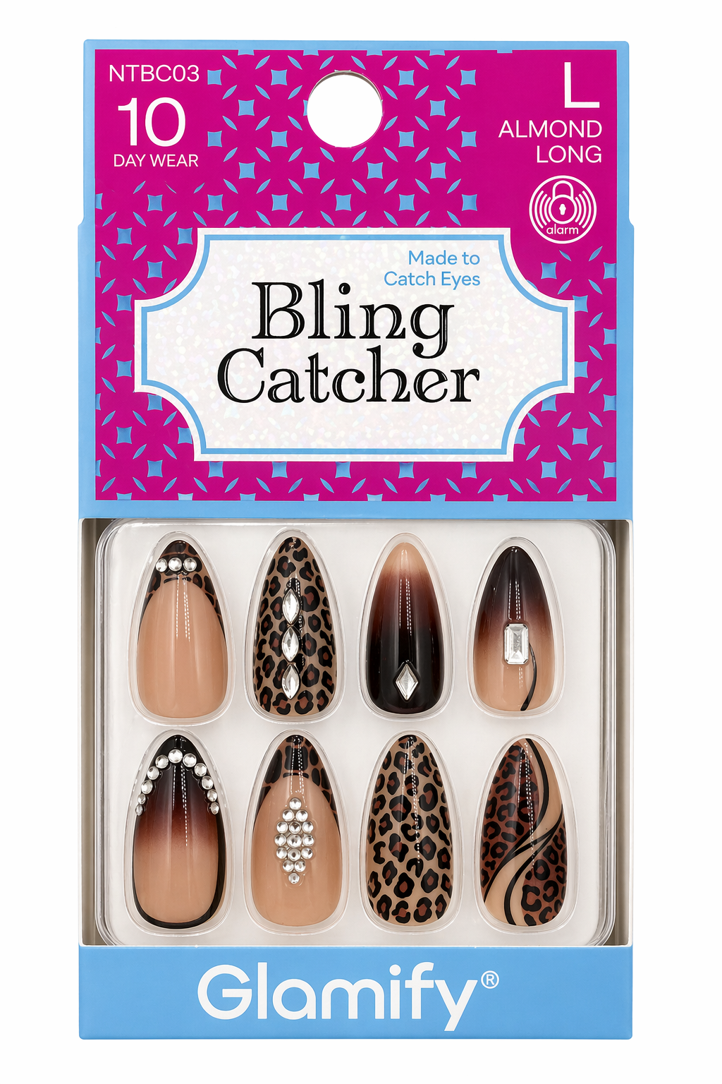 Glamify Bling Catcher Press On Nails Almond Long Leopard Rhinestone Design NTBC03 - Elevate Styles
