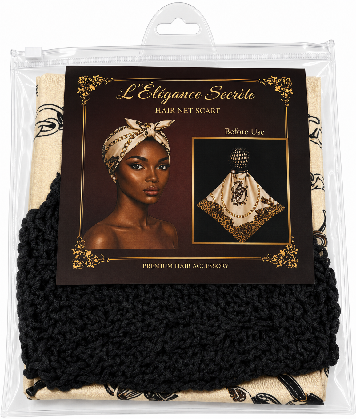 L'Élégance Secrète Premium Hair Net Scarf – Satin Hair Wrap with Stretch Crochet Hair Net – Black & Beige Print HN006