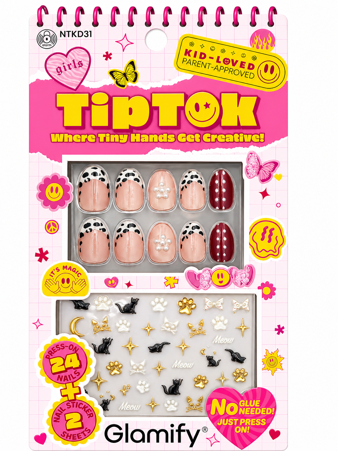 Glamify TipTok Kids Press On Nails Set Cat Design with Nail Stickers No Glue Needed 24 Nails NTKD31 - Elevate Styles