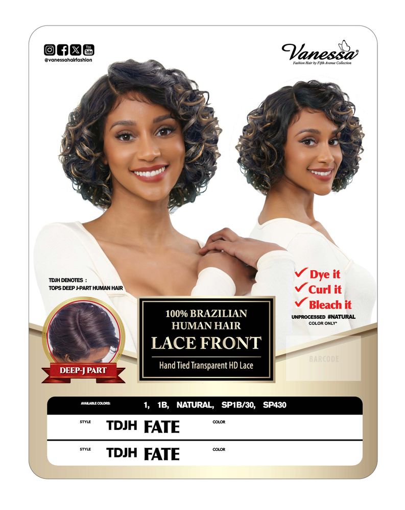 Vanessa TDJH Fate 100% Brazilian Human Hair HD Lace Front Wig – Hand-Tied Transparent Deep J-Part Voluminous Curly Bob