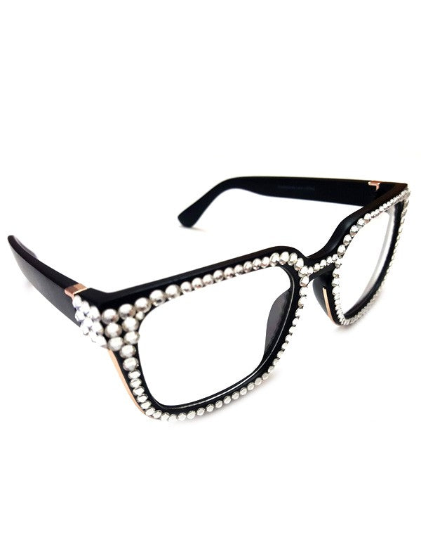 NYStyle Hand Placed Clear Rhinestones Black Frame Glasses - Elevate Styles