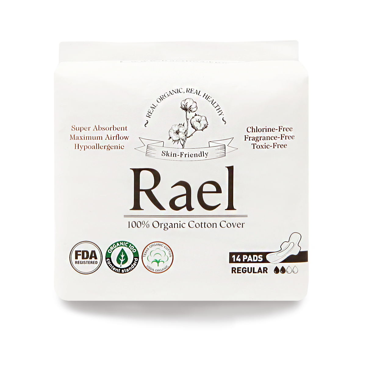 Rael Certified Organic Cotton Menstural Regular Pads Ultra Thin With Wings - 2Pack-28 total - Unscented - Elevate Styles