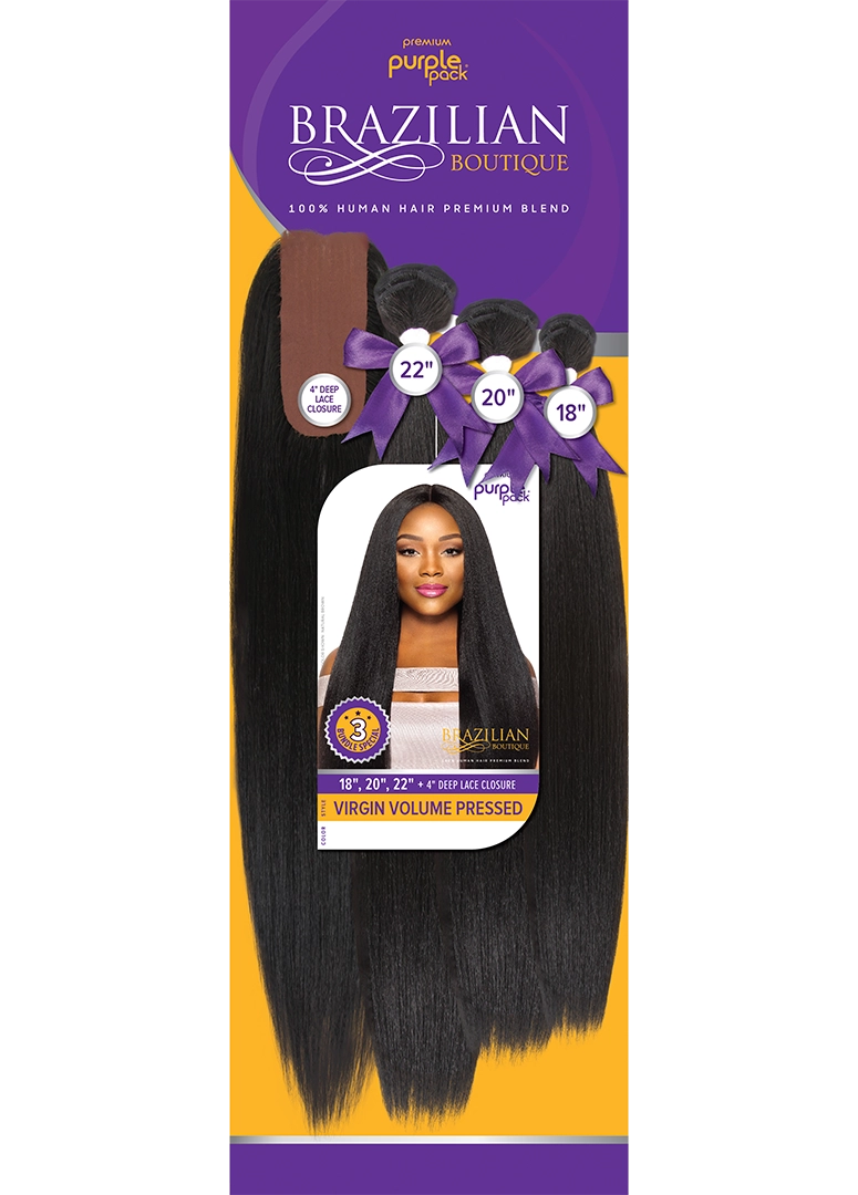 Purple Pack Brazilian Boutique 3 BUNDLE + Closure Virgin Volume Pressed 18" 20" 22" - Elevate Styles